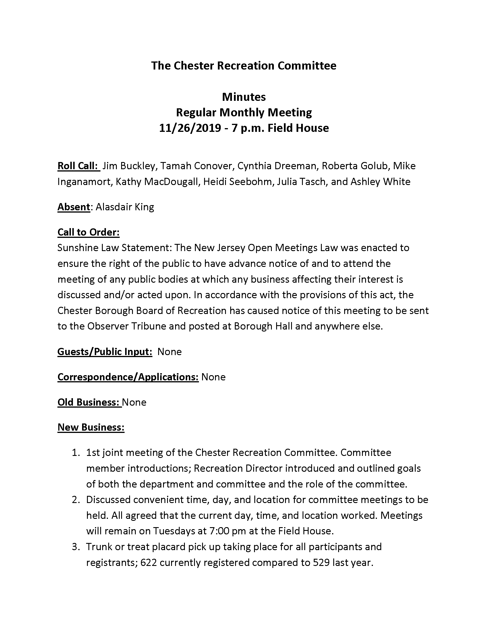 October 22 2019 Chester Recreation